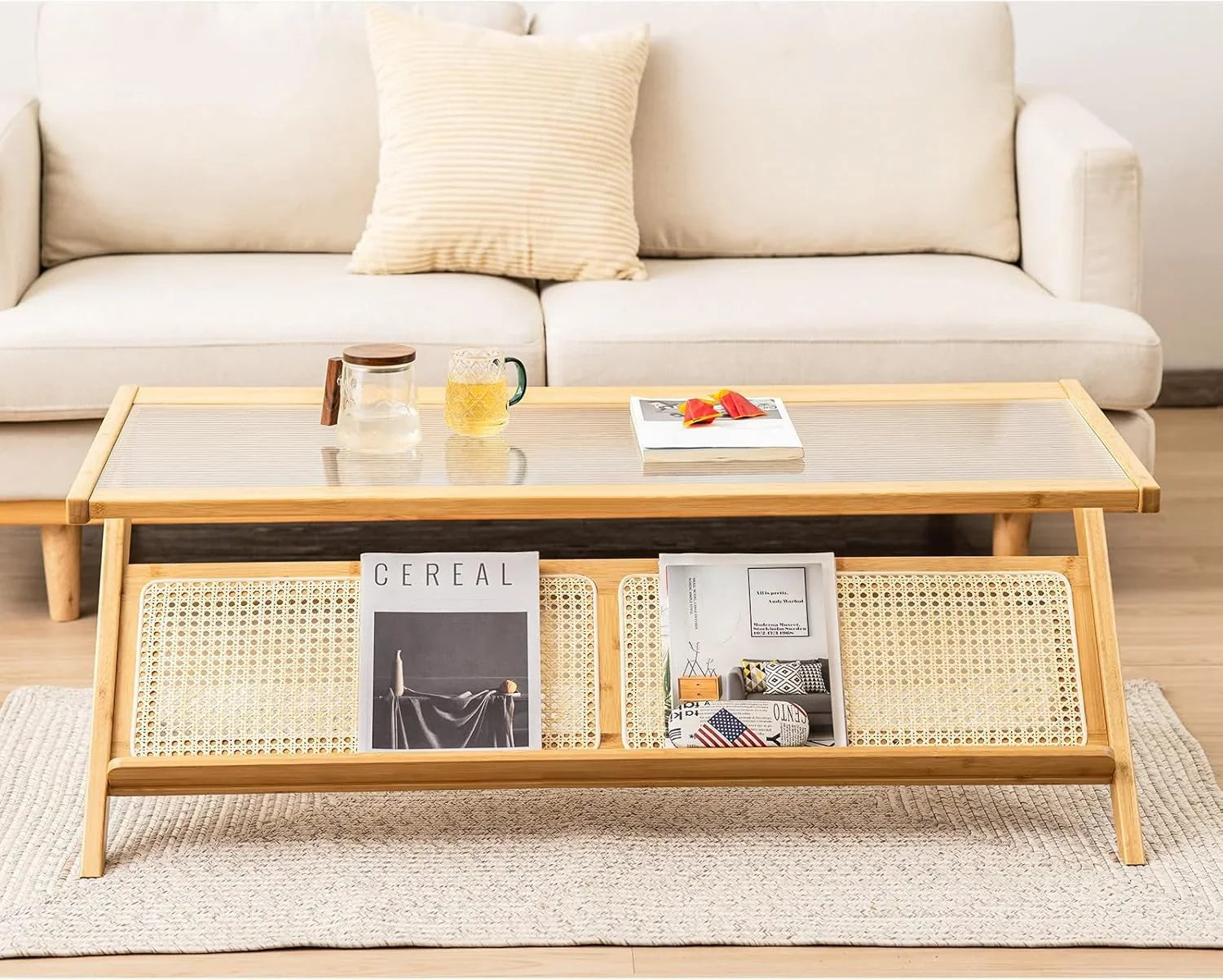 Bamboo Coffee Table, 2-Tier Rectangular Coffee Table with Glass Tabletop, Modern Center Table with Handwoven Rattan Storage Shelf, 48” Tea Table Cocktail Table for Living Room, Office, Natural