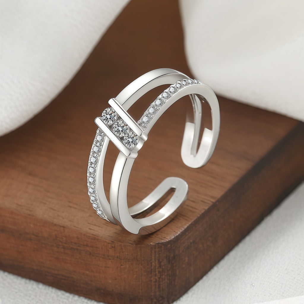 Double Split Band Bar Inlaid Clear CZ Open Adjustable Ring For Women, Copper Silver Plated Minimalist Stackable Daily Wedding Band Jewelry Gift