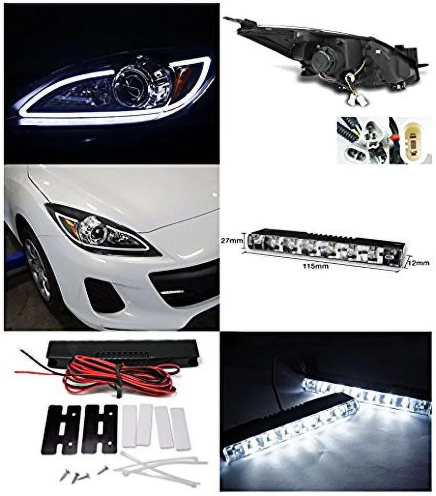 Mazda 3 JDM Black LED DRL Strip Projector Headlights w/ 6-LED Fog DRL