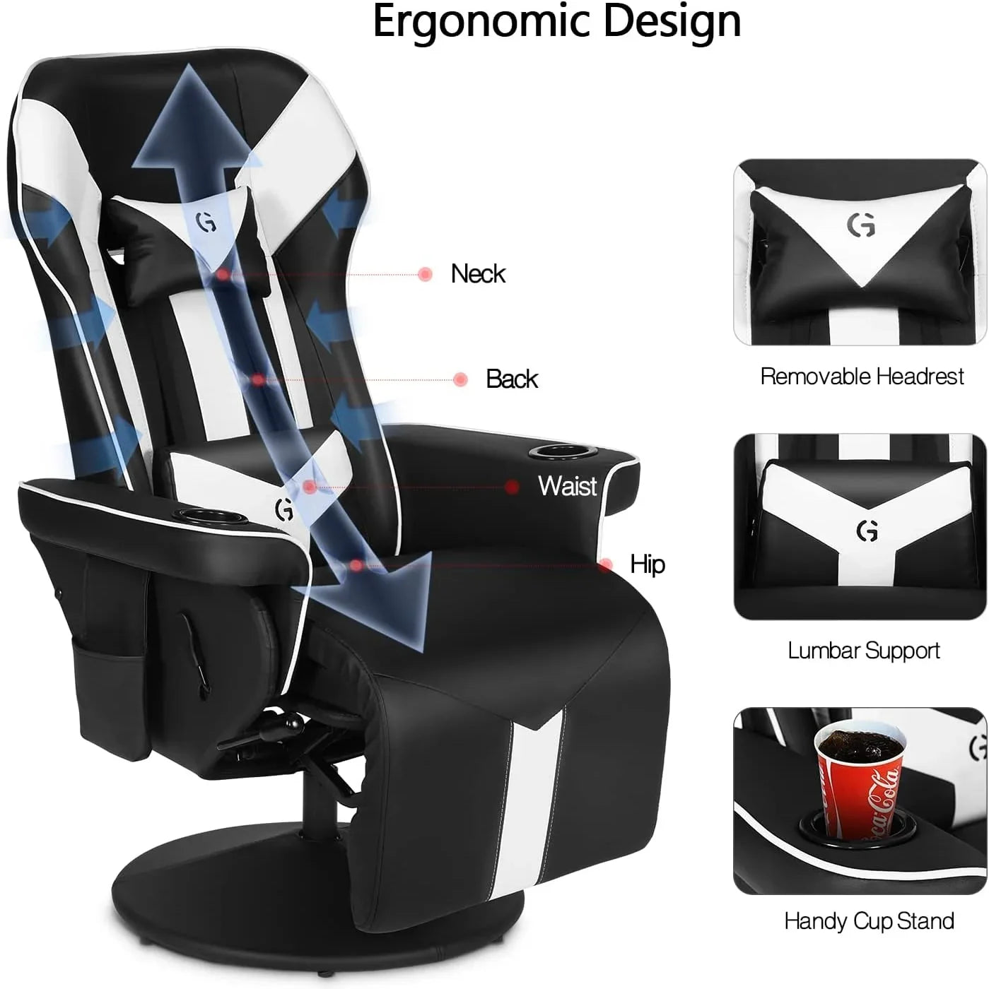 King Throne Ergonomic Gaming Chair, High Back Video Racing Chair, Swivel Recliner Chair with Footrest, Adjustable Backrest, Headrest, Lumbar Support, Cupholders, Black White