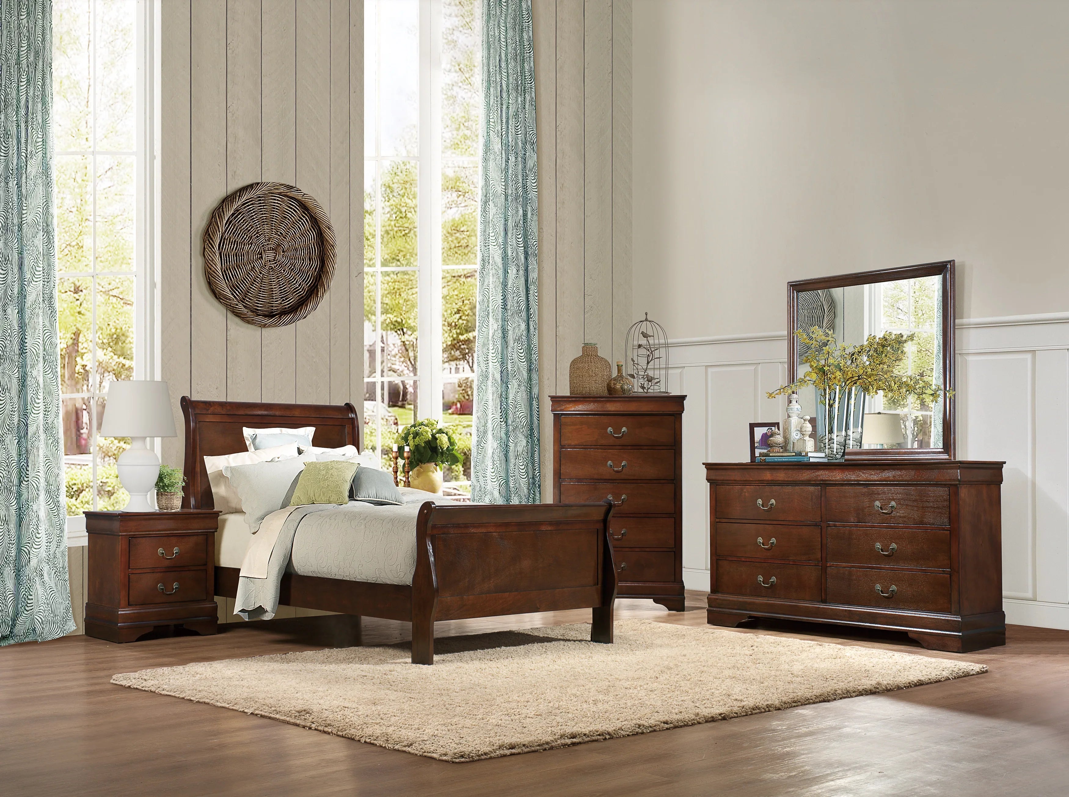 GeeHome Classic Louis Philipe Style Twin Size Bed Brown Cherry Finish 1pc Traditional Design Bedroom Furniture Sleigh Bed