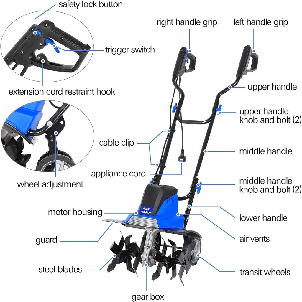 BILT HARD Tiller Cultivator 16 inch, 13.5 Amp 6 Steel Tines Electric Garden Rototiller with Adjustable Wheels