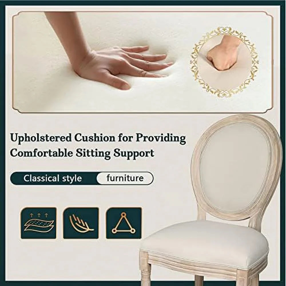 MQLIFEBOOM French Dining Chair Linen Fabric Upholstered Farmhouse Dining Chairs with Oval Backrest Vintage Solid Wood Dining Chairs for Kitchen Restaurant Dining Room
