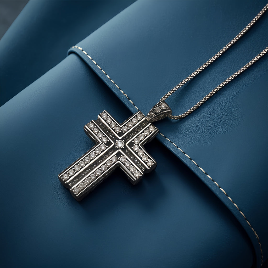 Antique Black Double Layer Cross Necklace, Copper Base Gunmetal Plated Sparkling CZ Christian Faith Pendant Jewelry