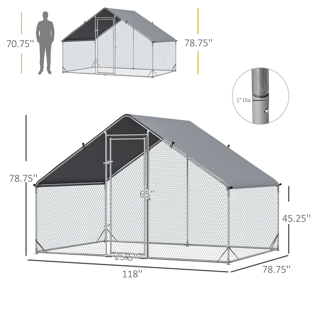 CoSoTower Metal Chicken Coop Run with Cover, Walk-In Outdoor Poultry Pen for Rabbits, Ducks, Large Hen House for Yard, 10' X 6.5' X 6.5', Silver