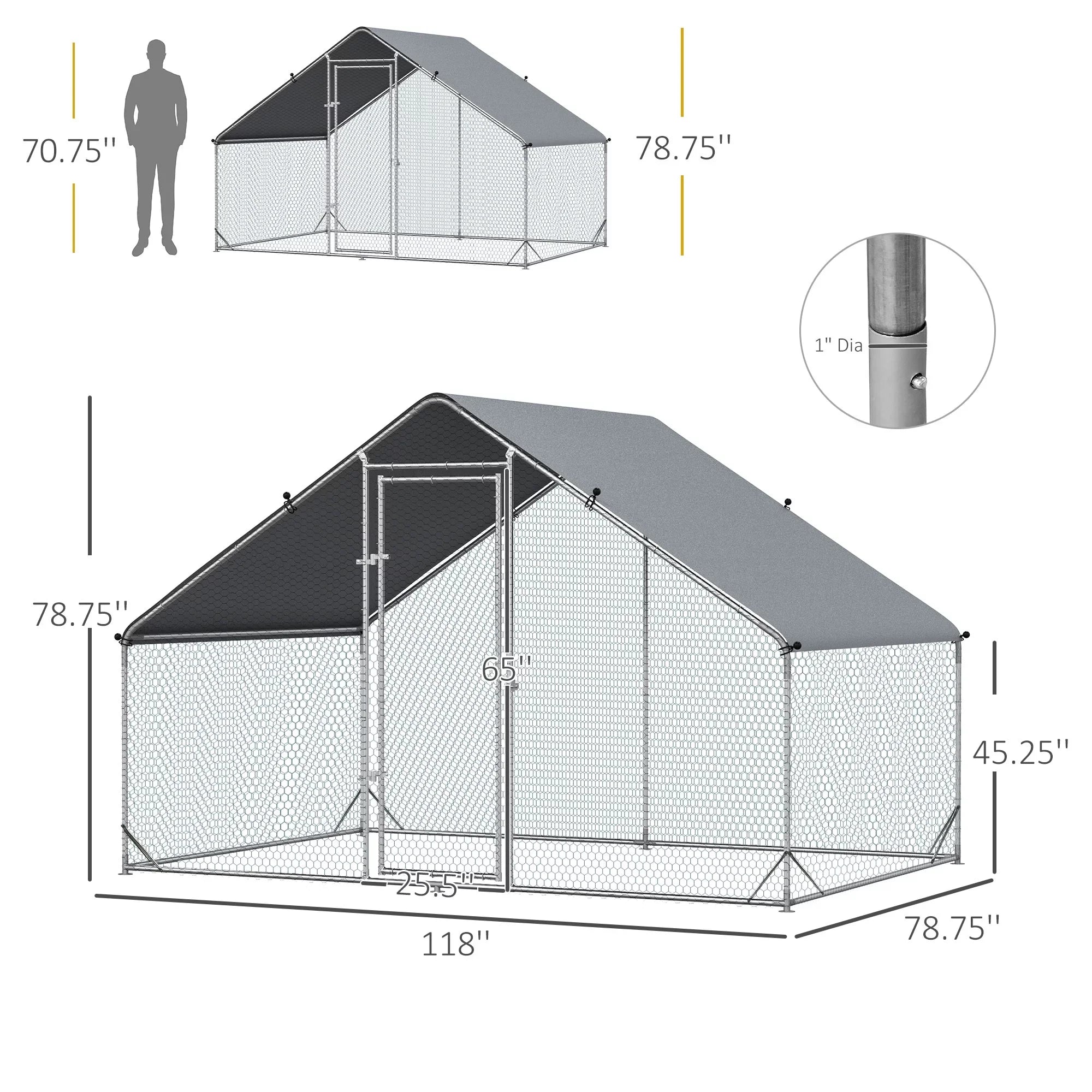CoSoTower Metal Chicken Coop Run with Cover, Walk-In Outdoor Poultry Pen for Rabbits, Ducks, Large Hen House for Yard, 10' X 6.5' X 6.5', Silver