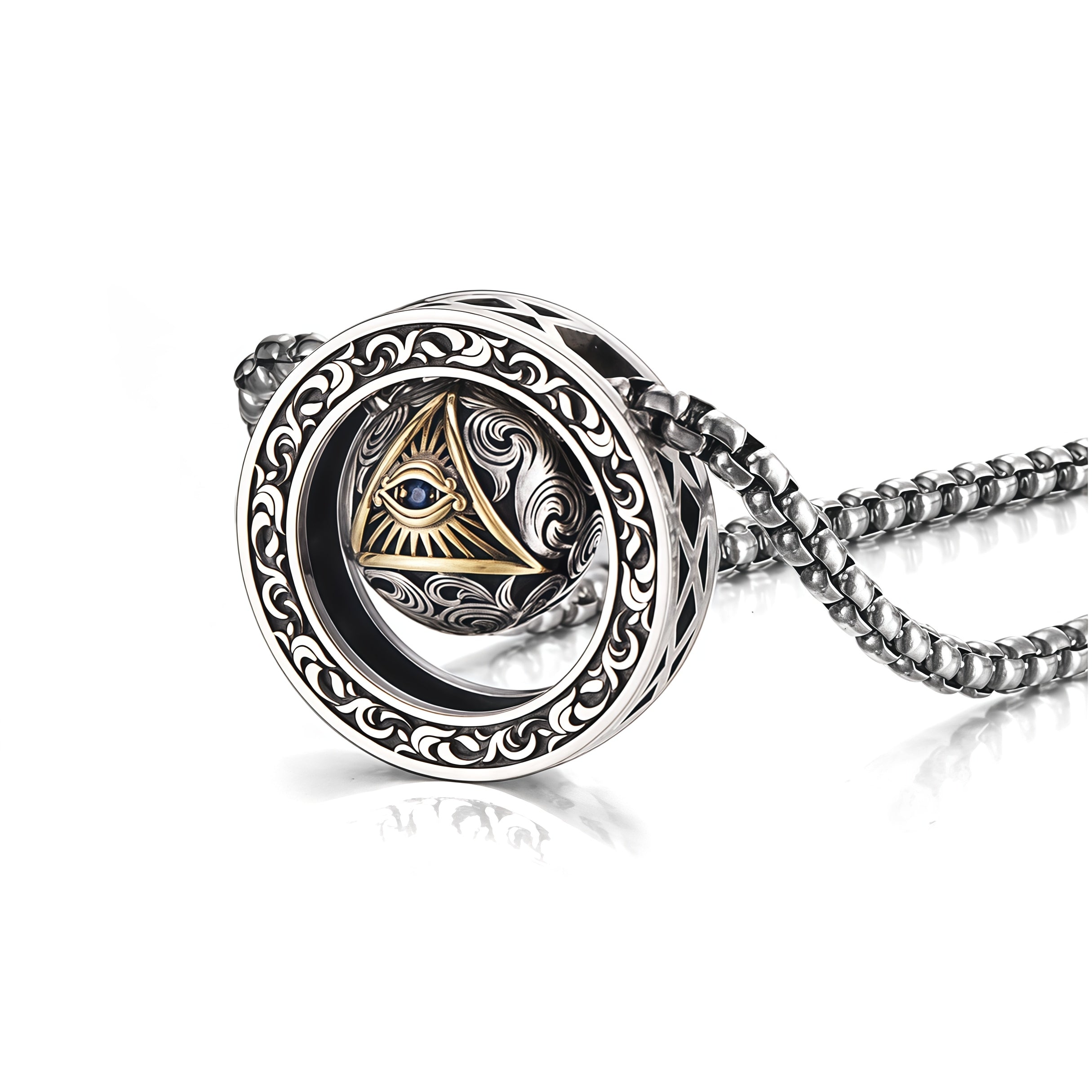 Vintage All-Seeing Eye Rotatable Round Ball Circle Pendant Necklace For Men, Copper Plated Silver Triangular Eye With Blue Zircon Scroll Engraving Punk Amulet Jewelry Gift