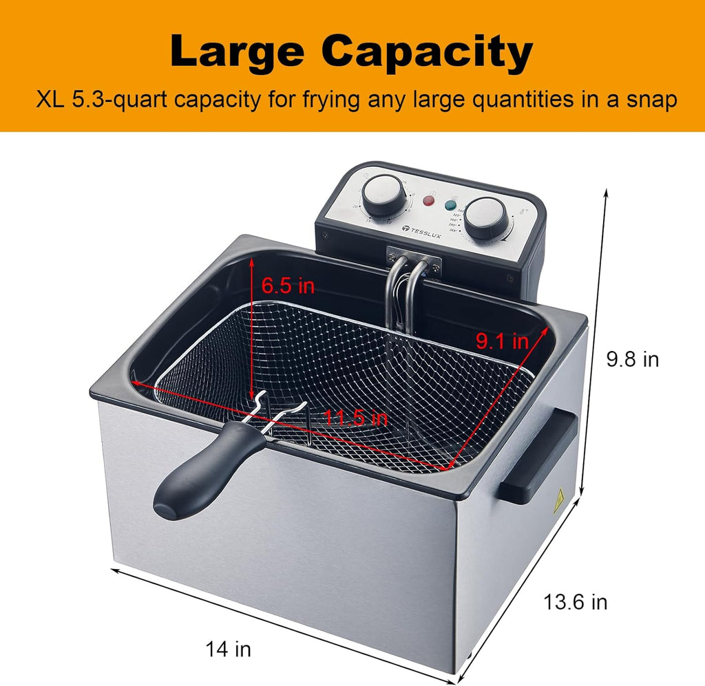 Electric Deep Fryer with Basket for Home Use, Lid with Viewing Window and Odorless Filter, Adjustable Temperature, 5.3 Quart, Stainless Steel