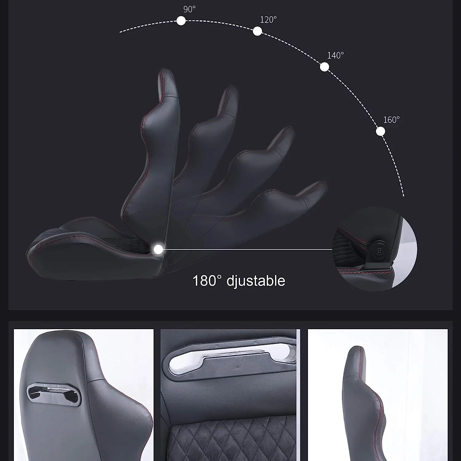 Universal Set of 2 Racing Seats Pair Black Leather Reclinable Bucket Sport Seats
