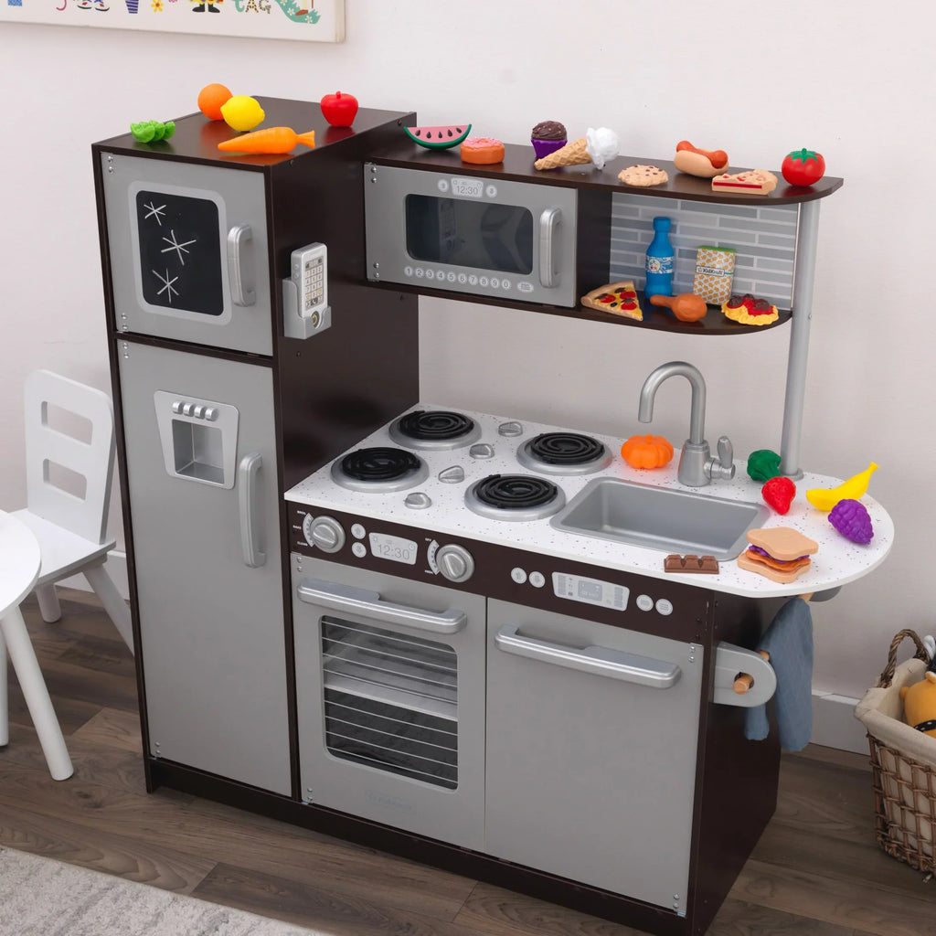 KidKraft Uptown Espresso Wooden Play Kitchen and 30-Piece Play Food Accessories