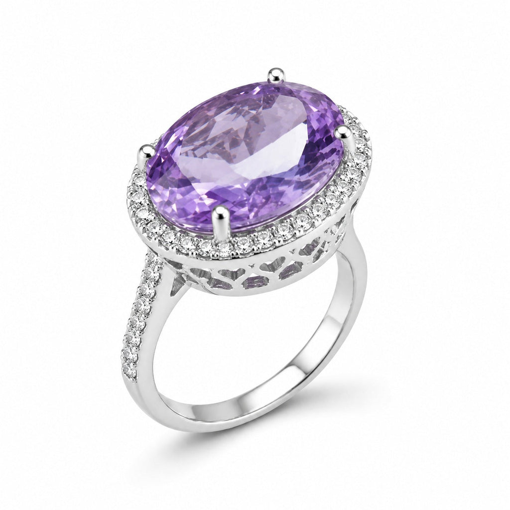 Oval Light Purple Amethyst CZ Single Halo Filigree Ring For Women, Copper Plated Silver Paved White Crystal Vintage Wedding Cocktail Statement Jewelry Gift