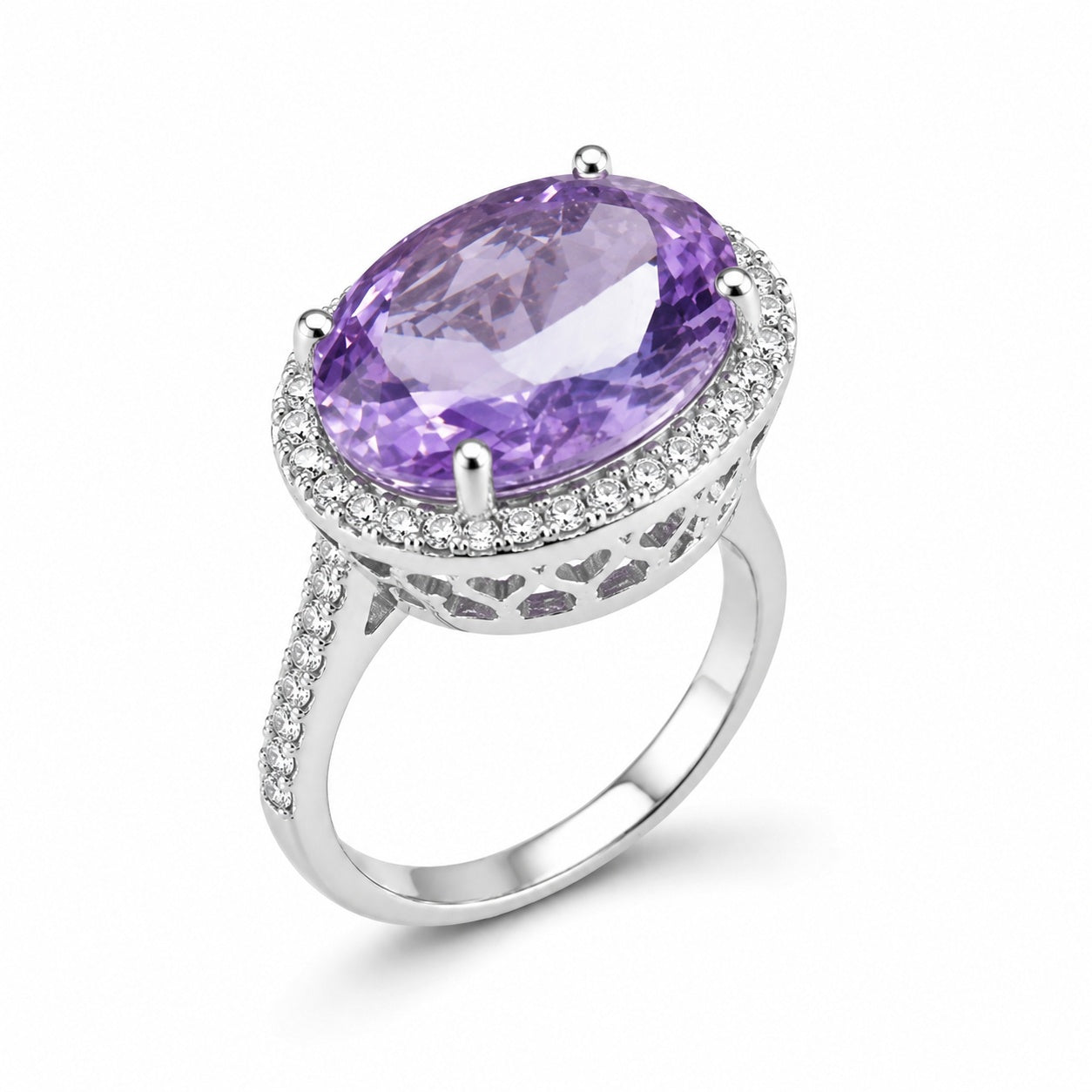 Oval Light Purple Amethyst CZ Single Halo Filigree Ring For Women, Copper Plated Silver Paved White Crystal Vintage Wedding Cocktail Statement Jewelry Gift