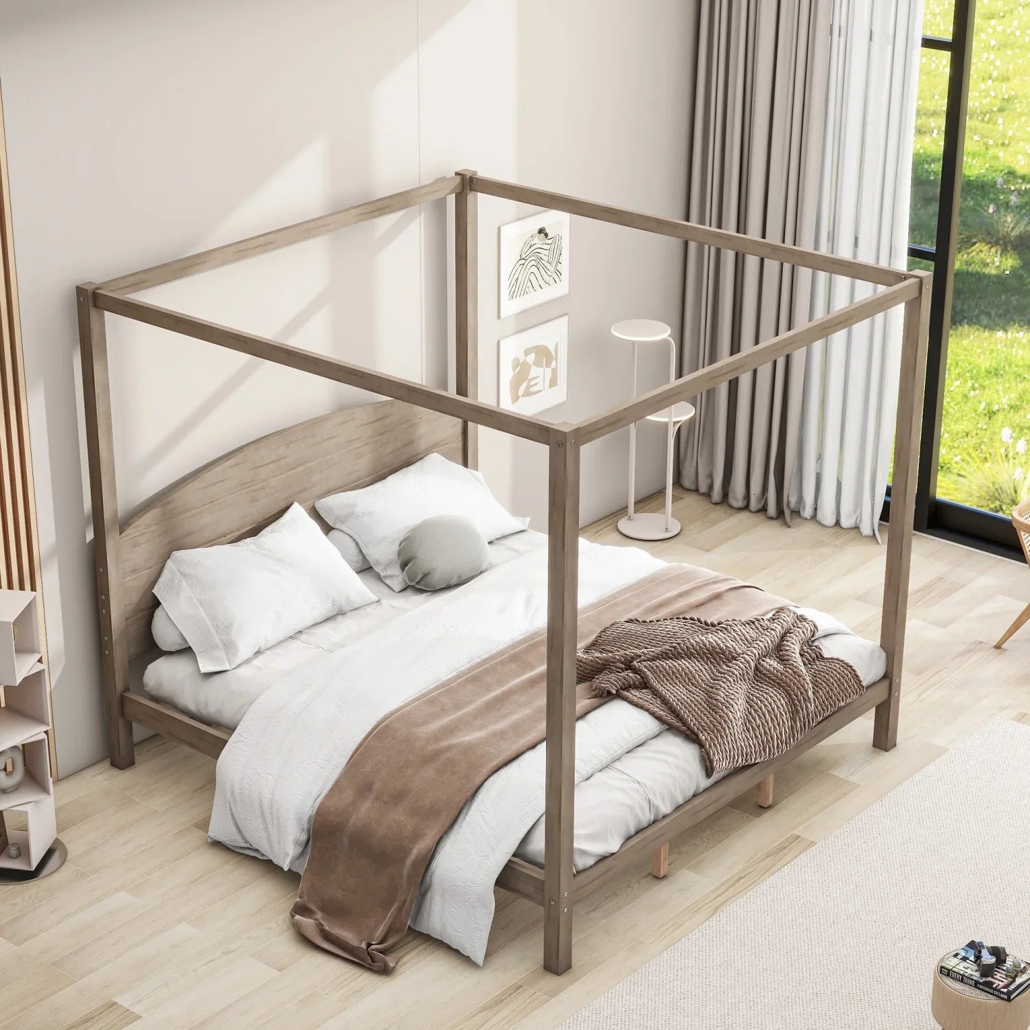 Upgrade your regal bedroom with this elegant and luxurious brown wash canopy platform king size bed. Featuring sturdy support legs and a stylish headboard this bed is the perfect additio