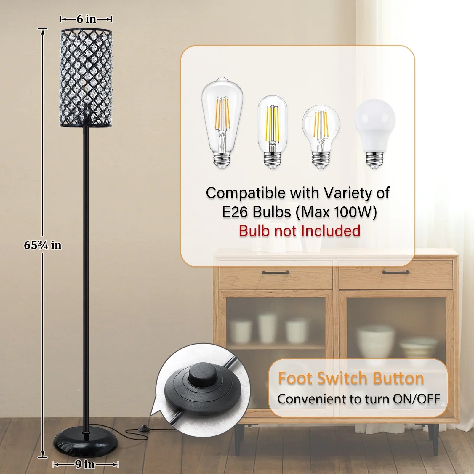 Natyswan Crystal Floor Lamp, Modern Black Floor Lamp with on/off Foot Switch,Tall Pole Accent Lighting for Living Room, Girl Bedroom, Dresser, Office