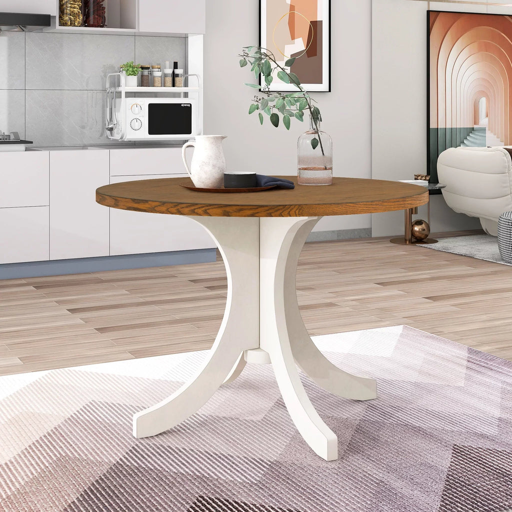 Llinc Store Mid-Century Solid Wood 5-Piece Round Dining Table Set for 4 Kitchen Table Set with Upholstered Chairs for Small Places Walnut Table+Beige Chair