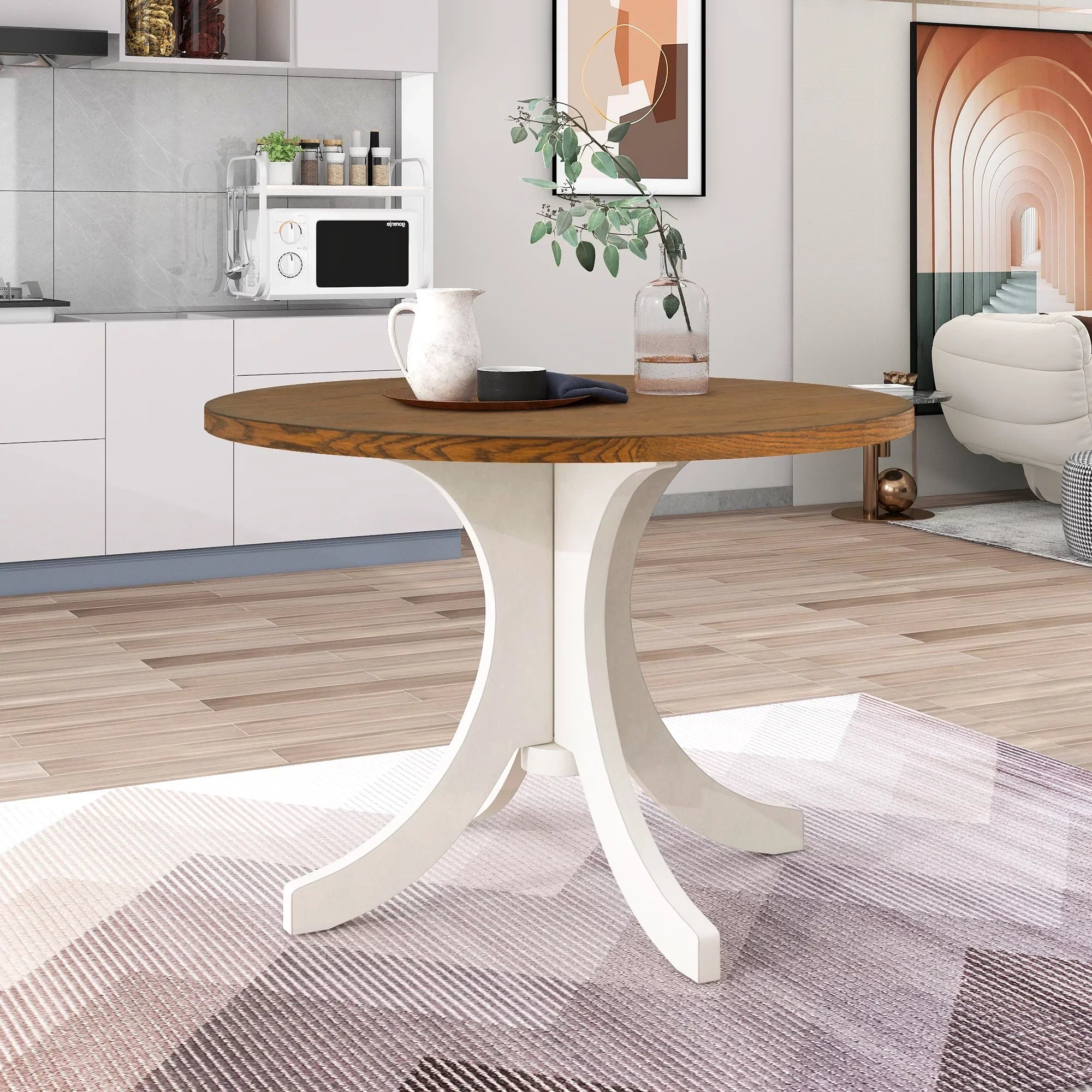 Llinc Store Mid-Century Solid Wood 5-Piece Round Dining Table Set for 4 Kitchen Table Set with Upholstered Chairs for Small Places Walnut Table+Beige Chair