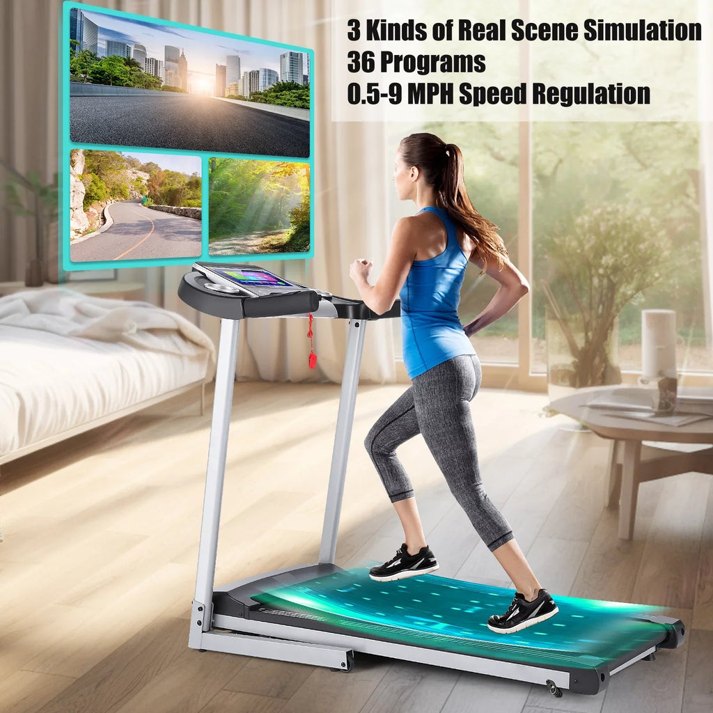 Home Treadmill--Treadmill with 10" HD TV Movie Touchscreen and 3D Virtual Sports Scene, Folding Treadmill with WiFi Connection, Speaker, Wide Belt, Youtube（Silver）