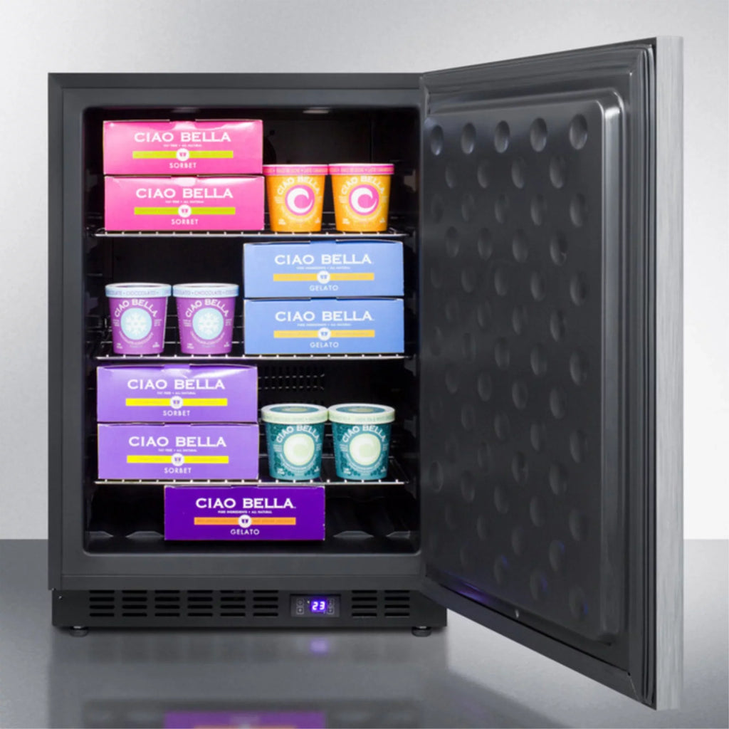 Frost-free built-in undercounter all-freezer for residential or commercial use, with stainless steel door, horizontal handle, and black cabinet