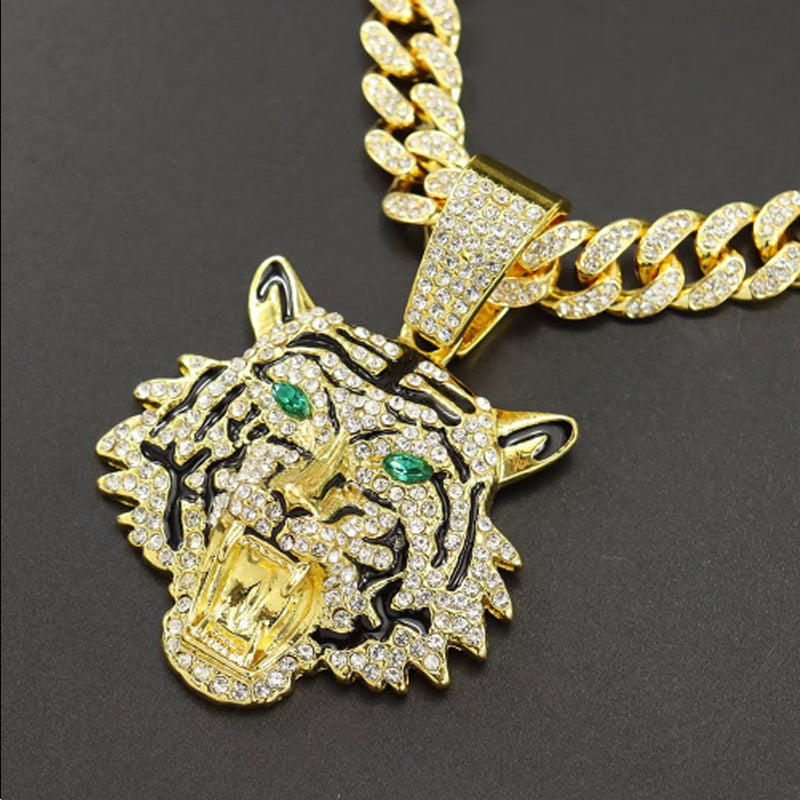 13mm Width Football Pendant Necklace,Hip Hop Green Eyes Tiger Head Pendant Necklace 3D Diamond Gold Zinc Alloy Stainless Steel Religious Zircon