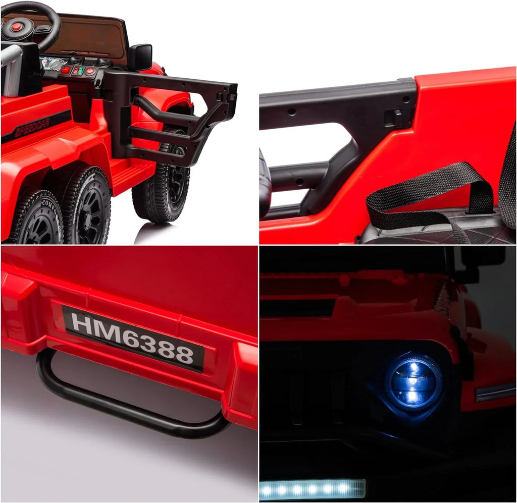 24V Ride On Car for Kids with 6 Wheel, 24V Battery Powered Ride On 4WD Electric Vehicle with Remote, Parental Rear Seat, 5-Point Safety Belt, Storage Space, Carrying Handle, Music, LED Lights (Red)
