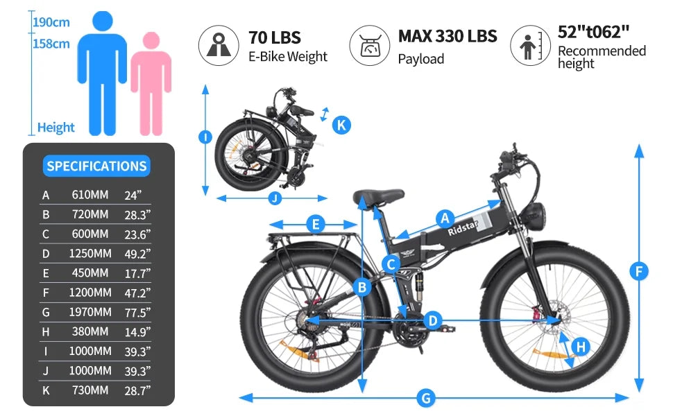 Eletric Bike for Adults, 750W Motor 48V 20Ah Removable Battery 26'' Fat Tire Folding E-Bike Shimano 21-Speed MTB Cycling UL2849