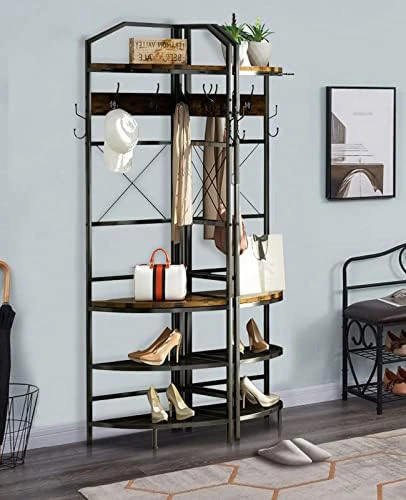 AYFDEGT 3-in-1 Entryway Coat Rack Industrial Hall Tree Corner Cloth Rack with Bench Hallway Coat and Shoe Rack for Corner Entryway Organizer with Metal Shoe for Hallway Corner Entran