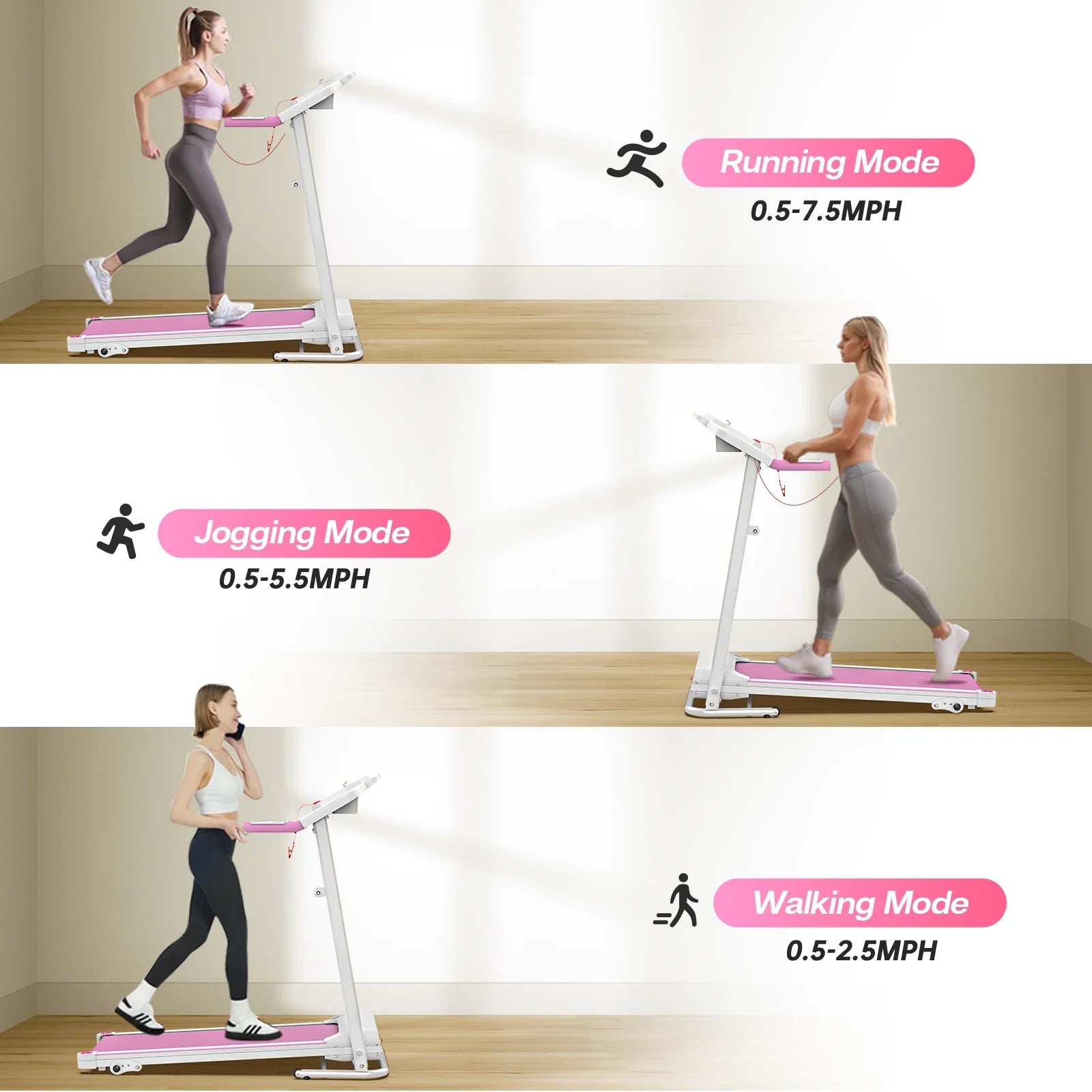 FYC Foldable Treadmills for Home, 2.5 HP, 7.5 MPH, Electric Running Treadmill Quiet Brushless Proform Treadmill for Home Gym, Running Machine with Heart Rate Sensor with LED Display (Pink)