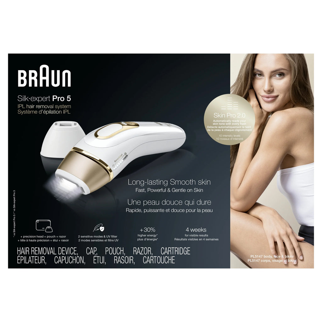 Braun PL5147 Silk Expert Pro5 IPL Hair Removal Device for Women & Men, White-Gold