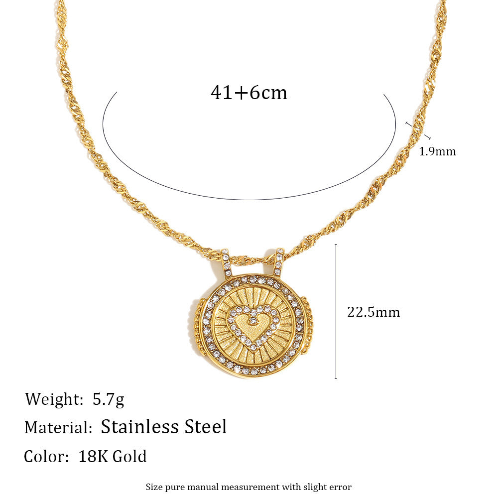 Retro Geometric Heart Disc Zircon Necklace Earring And Ring Set