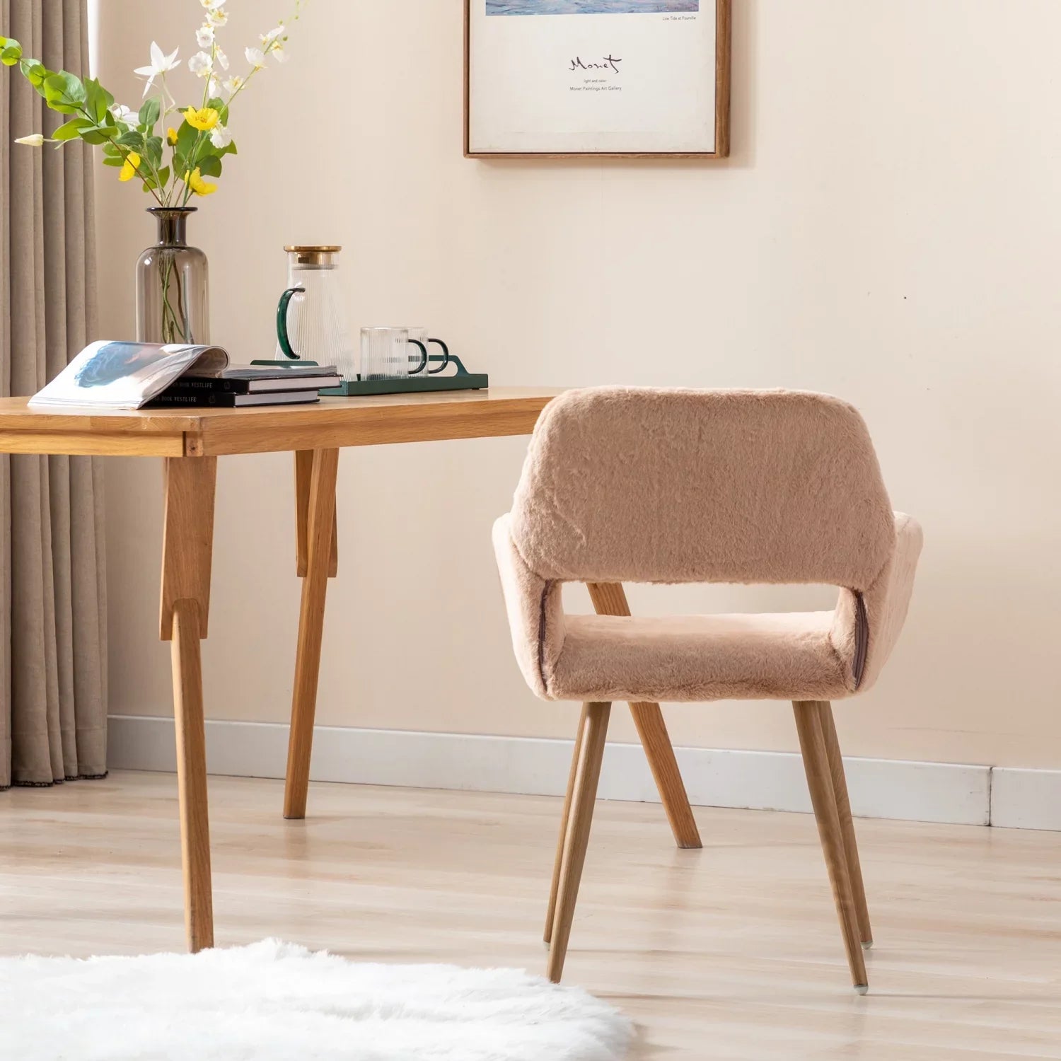 Elegant and Luxurious Faux Fur HengMing Dining Chairs: Stylish Mid Century Side Chairs with Solid Painting Steel Leg for Comfortable Seating Experience in Your Dining Room Decor