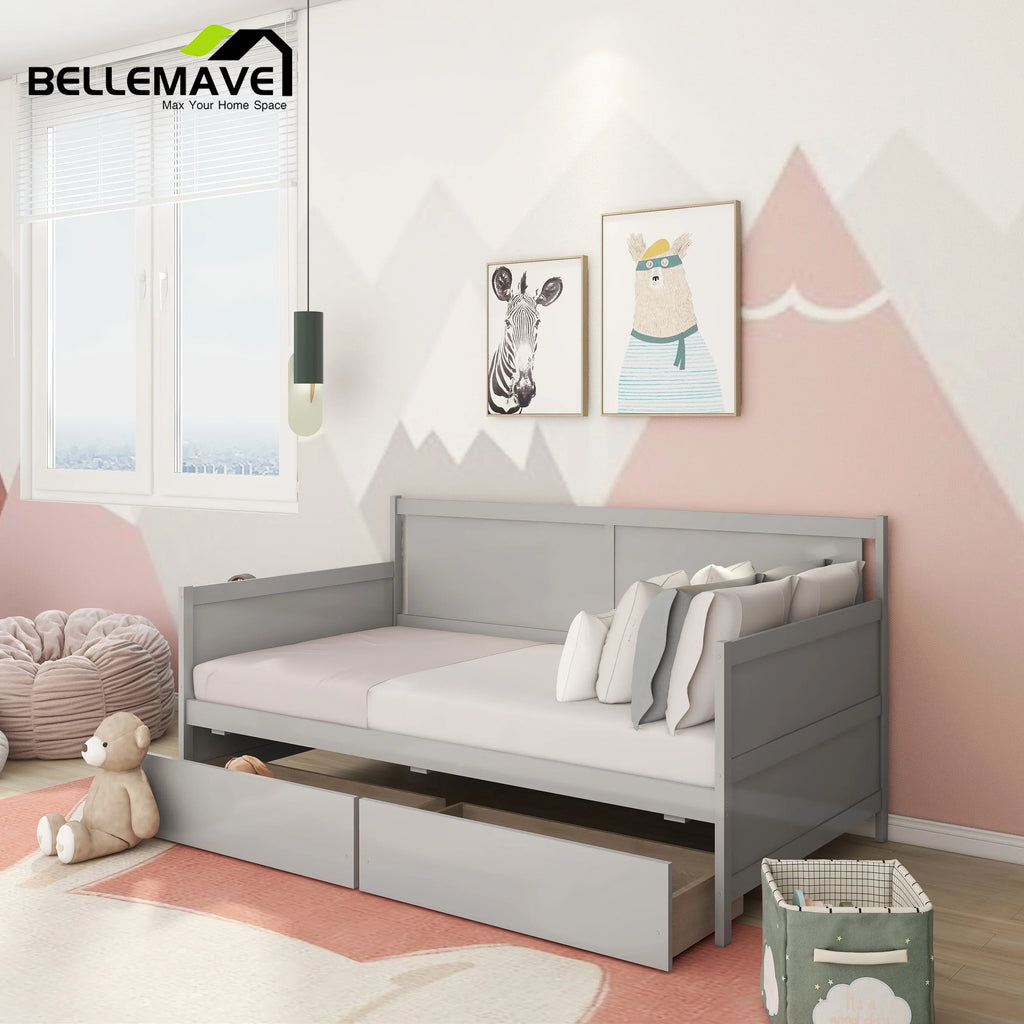 Bellemave Modern Twin Daybed with Storage Drawers Sturdy Wood Bed Frame Sofa Bed with Backrest and Armrest Storage Daybed Sofa Couch for Living Room or Bedroom, Gray