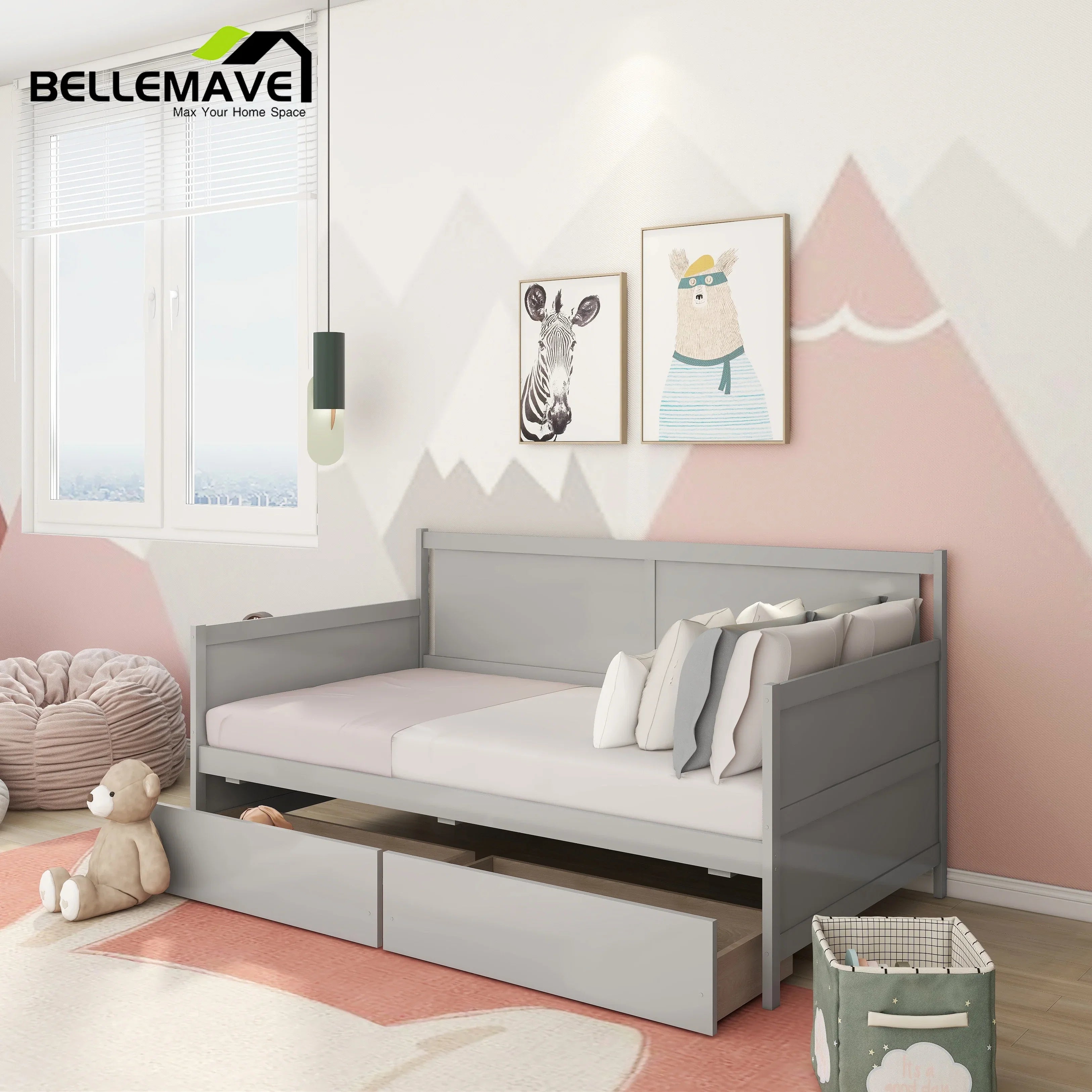 Bellemave Modern Twin Daybed with Storage Drawers Sturdy Wood Bed Frame Sofa Bed with Backrest and Armrest Storage Daybed Sofa Couch for Living Room or Bedroom, Gray