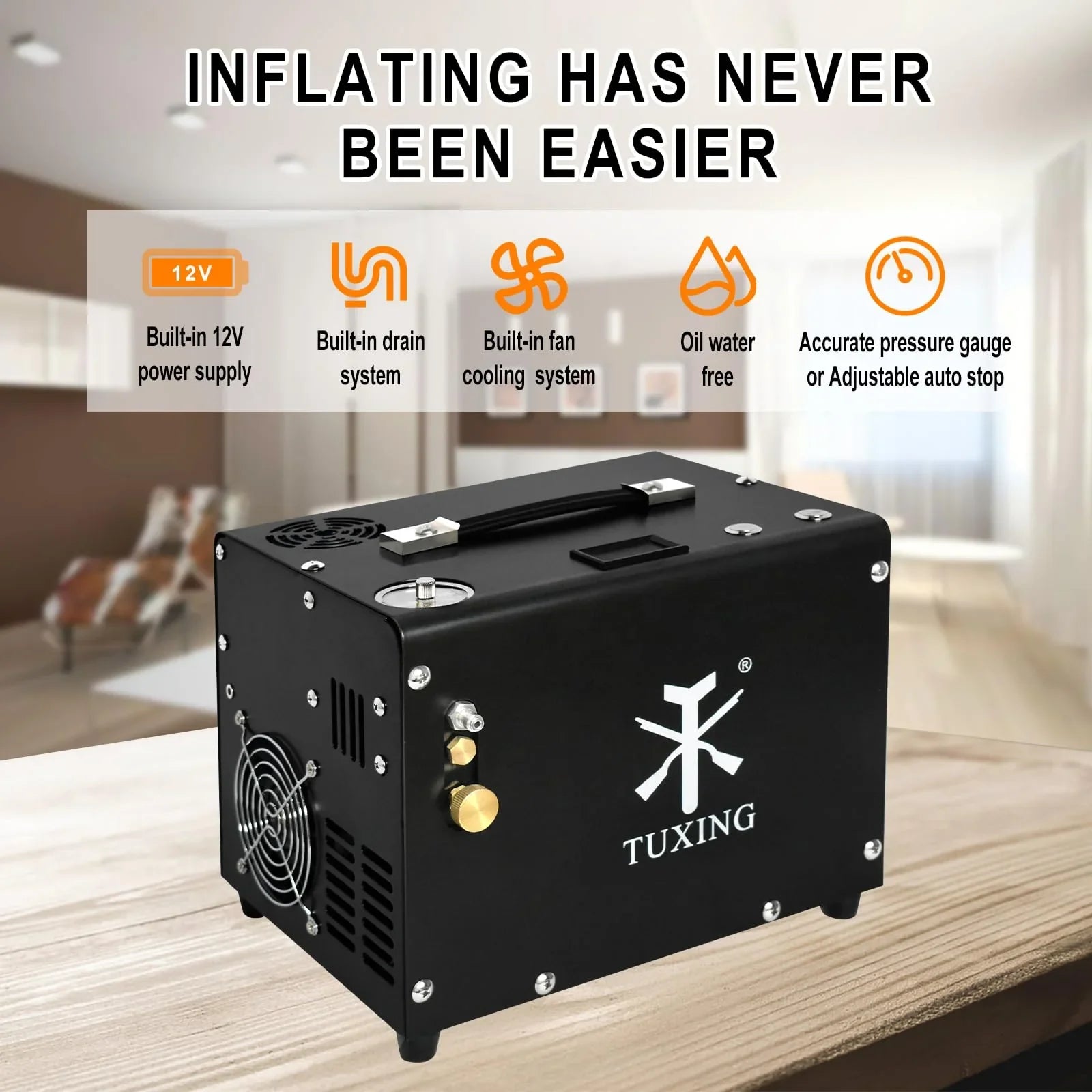 TUXING 4500Psi PCP Air Compressor,Auto-Stop,Oil/Water-Free, High Pressure Air Compressor for Paintball Tank Pump with Water/Oil Separator,Built-in Power Adapter(110V AC or 12V Car Battery)