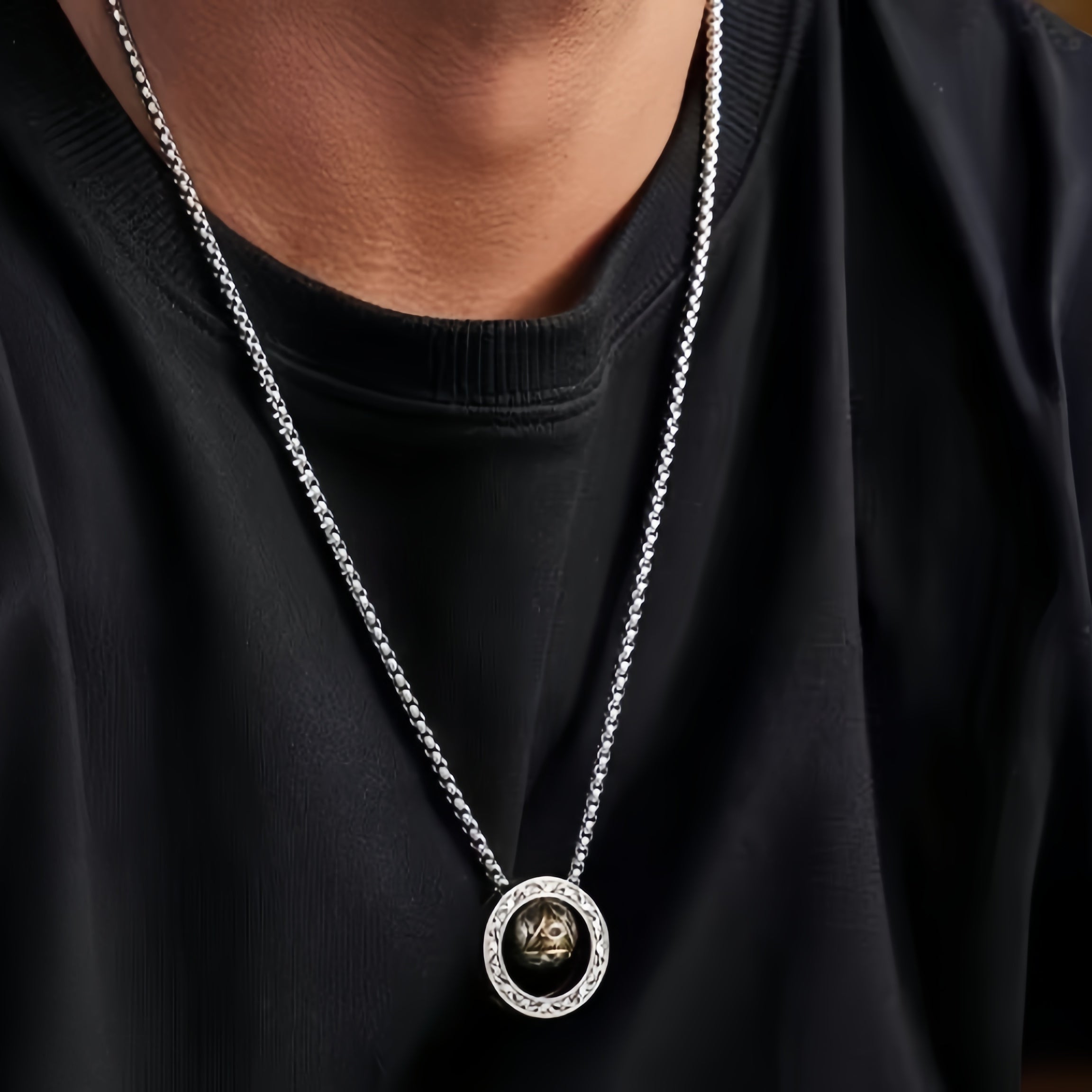 Vintage All-Seeing Eye Rotatable Round Ball Circle Pendant Necklace For Men, Copper Plated Silver Triangular Eye With Blue Zircon Scroll Engraving Punk Amulet Jewelry Gift