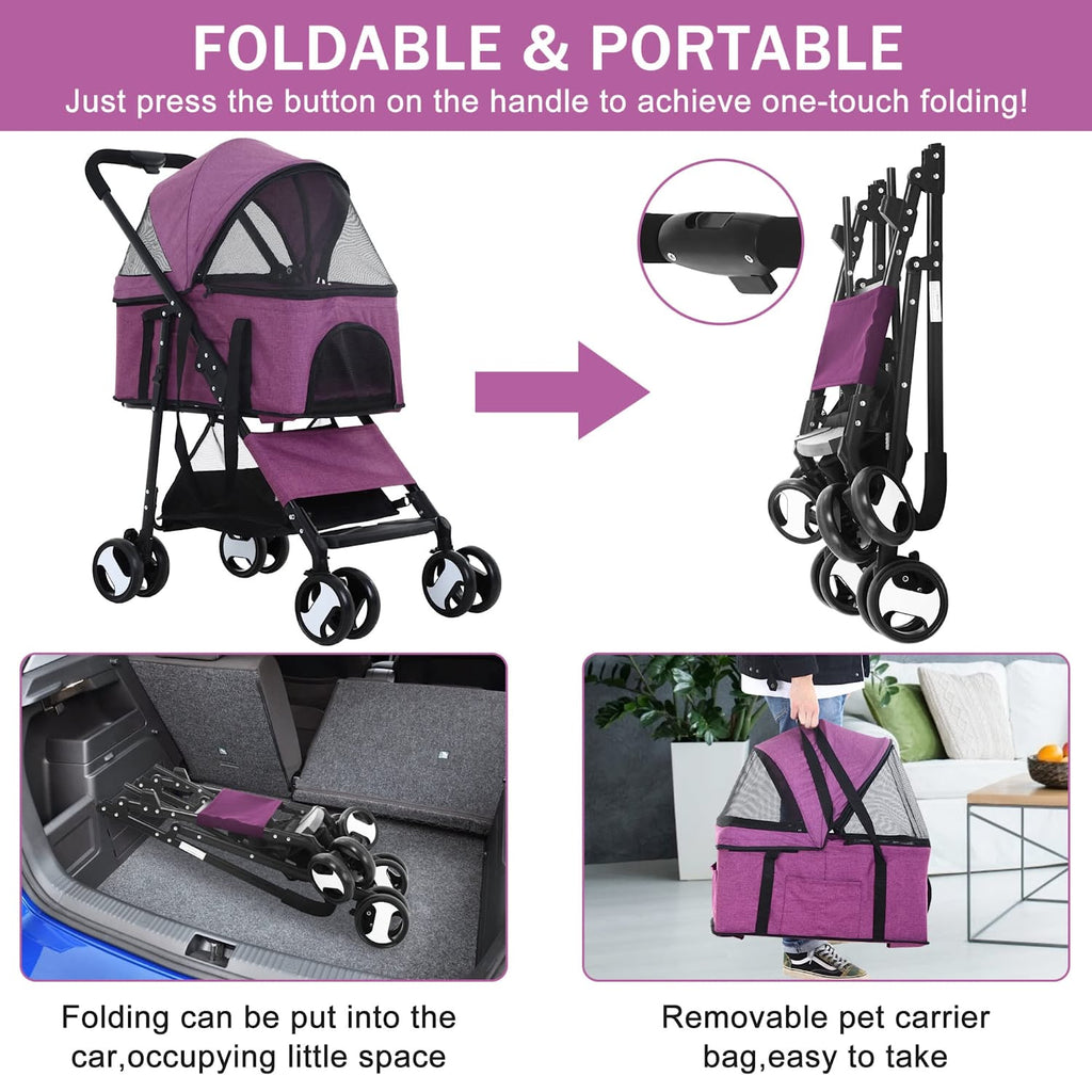 YRLLENSDAN 4 Wheels Pet Strollers for Small Dogs Jogging Stroller, Lightweight Foldable Dog Stroller for Medium Large Dogs 3-in-1 Multifunction Cat Stroller w/Detachable Carrier & Storage Basket