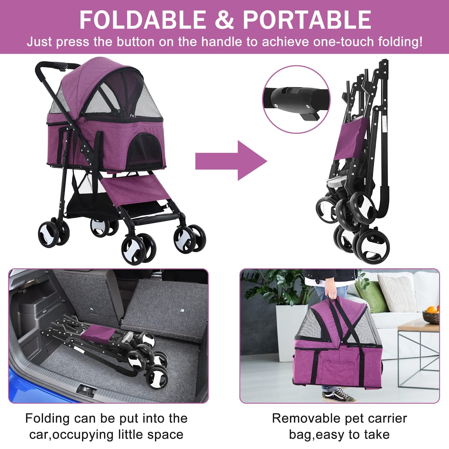 YRLLENSDAN 4 Wheels Pet Strollers for Small Dogs Jogging Stroller, Lightweight Foldable Dog Stroller for Medium Large Dogs 3-in-1 Multifunction Cat Stroller w/Detachable Carrier & Storage Basket