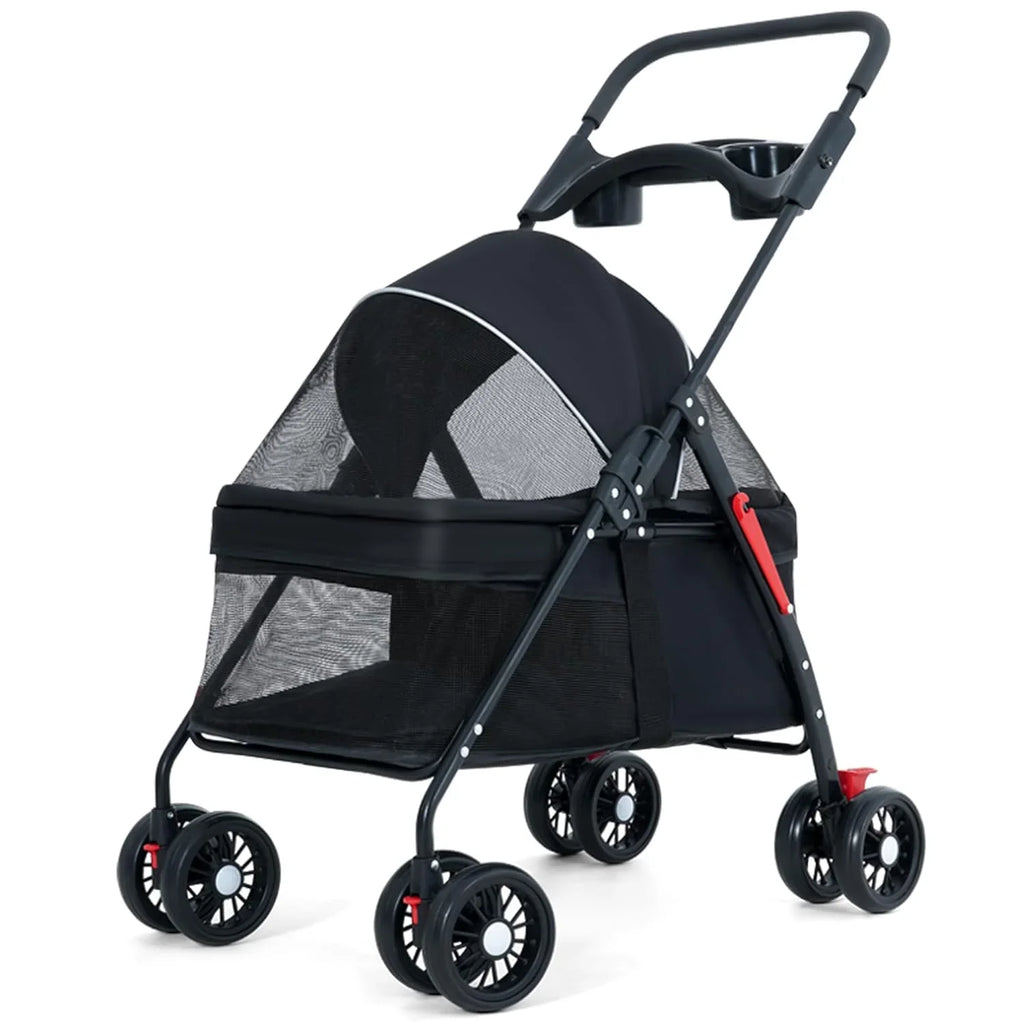 Pet Stroller 4 Wheels Dog Cat Stroller,Pet Folding Stroller,Foldable Dog Cat Cage Jogger Stroller with Storage Basket and Cup Holder,Breathable and Visible Mesh for Medium Small Dogs Cats