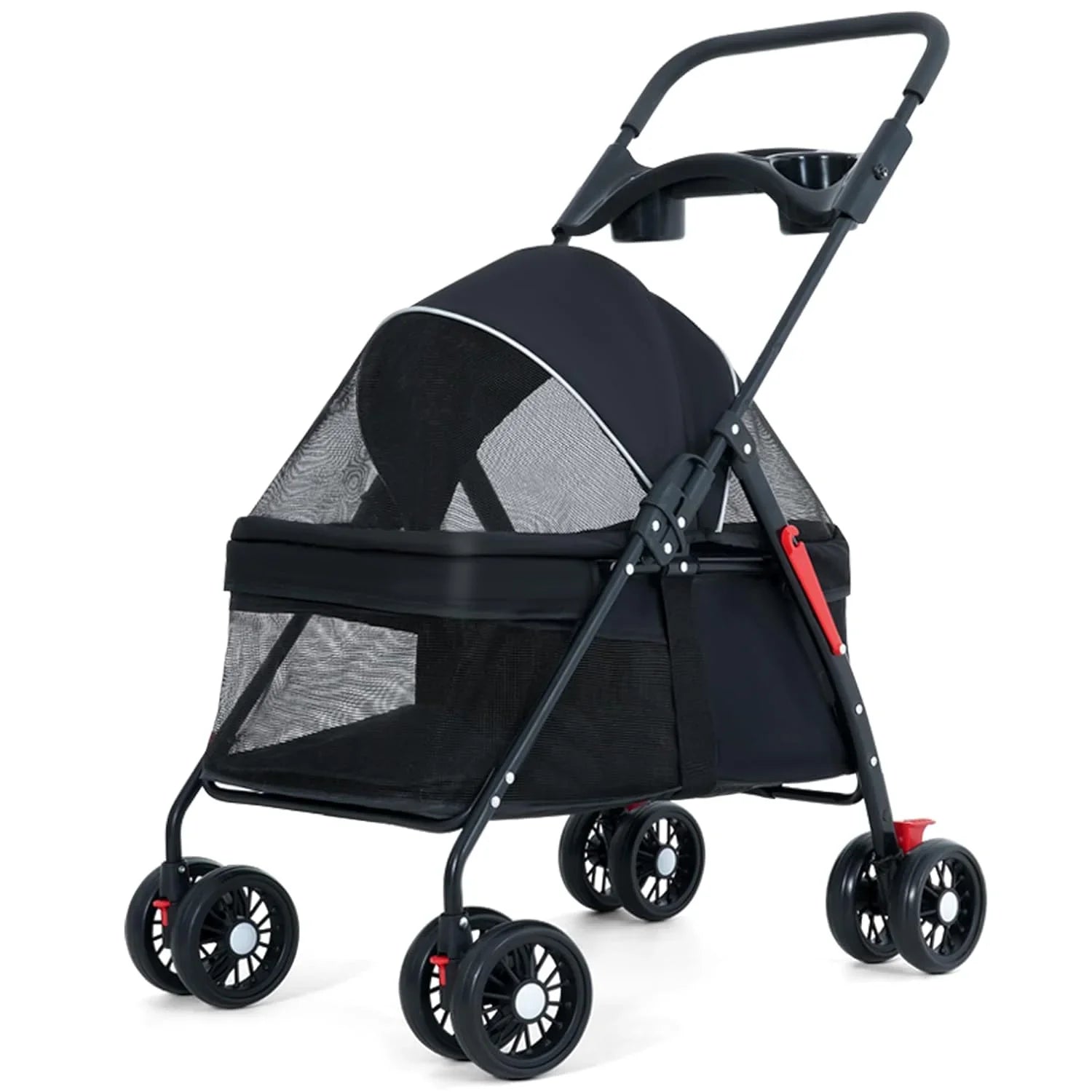 Pet Stroller 4 Wheels Dog Cat Stroller,Pet Folding Stroller,Foldable Dog Cat Cage Jogger Stroller with Storage Basket and Cup Holder,Breathable and Visible Mesh for Medium Small Dogs Cats