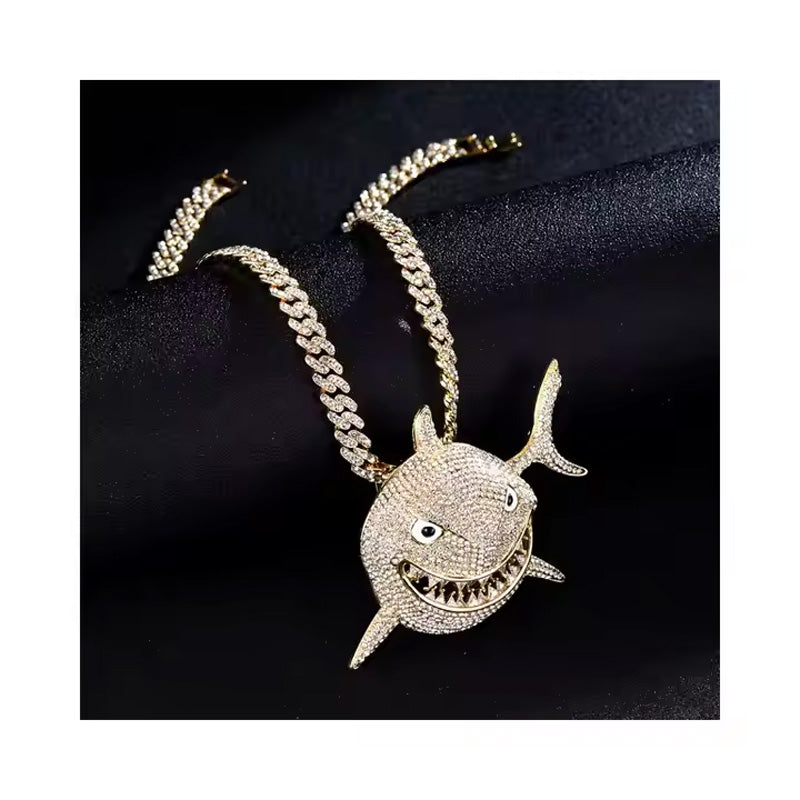 13mm Width Football Pendant Necklace,rhinestone Gold-plated Shark Pendant Necklace, 3D Diamond Gold Zinc Alloy Stainless Steel Religious Zircon