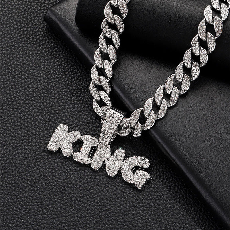 13mm Width Football Pendant Necklace,Full Diamond King Fashion Pendant Necklace, 3D Diamond Gold Zinc Alloy Stainless Steel Religious Zircon