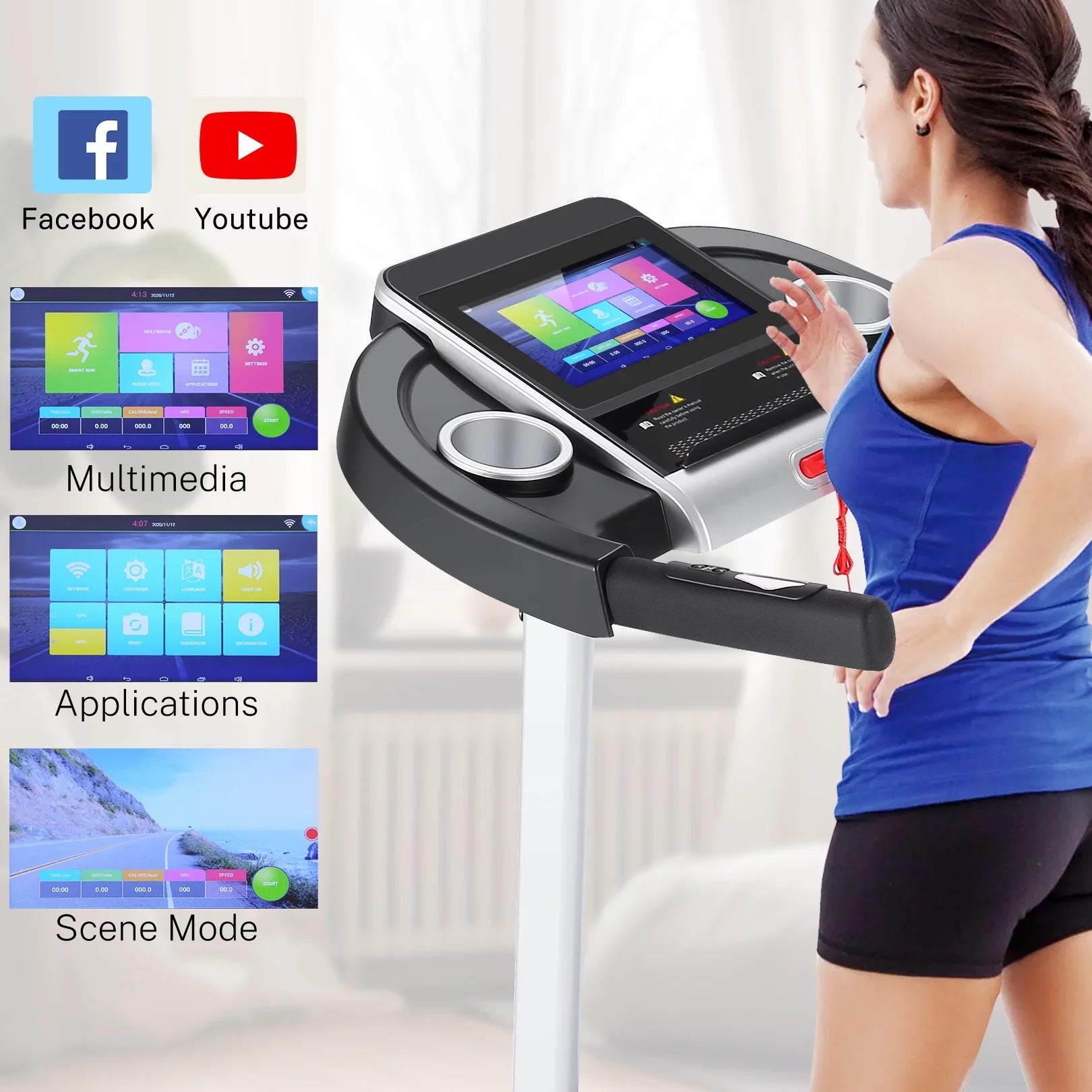 Home Treadmill--Treadmill with 10" HD TV Movie Touchscreen and 3D Virtual Sports Scene, Folding Treadmill with WiFi Connection, Speaker, Wide Belt, Youtube（Silver）