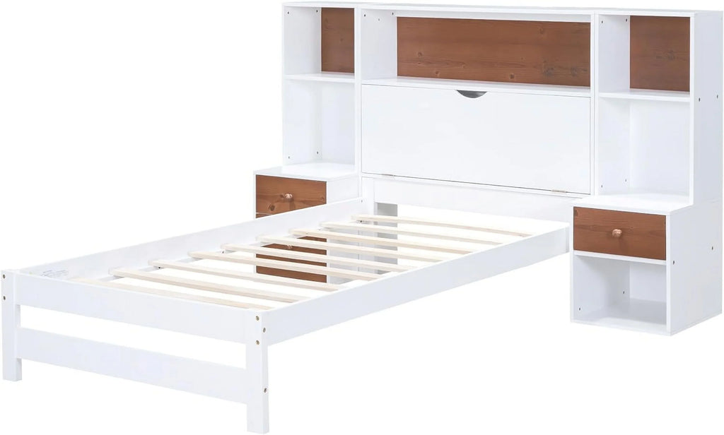 Twin Size Platform Bed with Storage Headboard and Drawers, Wooden Storage Bed Frame for Bedroom, Dorm, Bedroom Furniture
