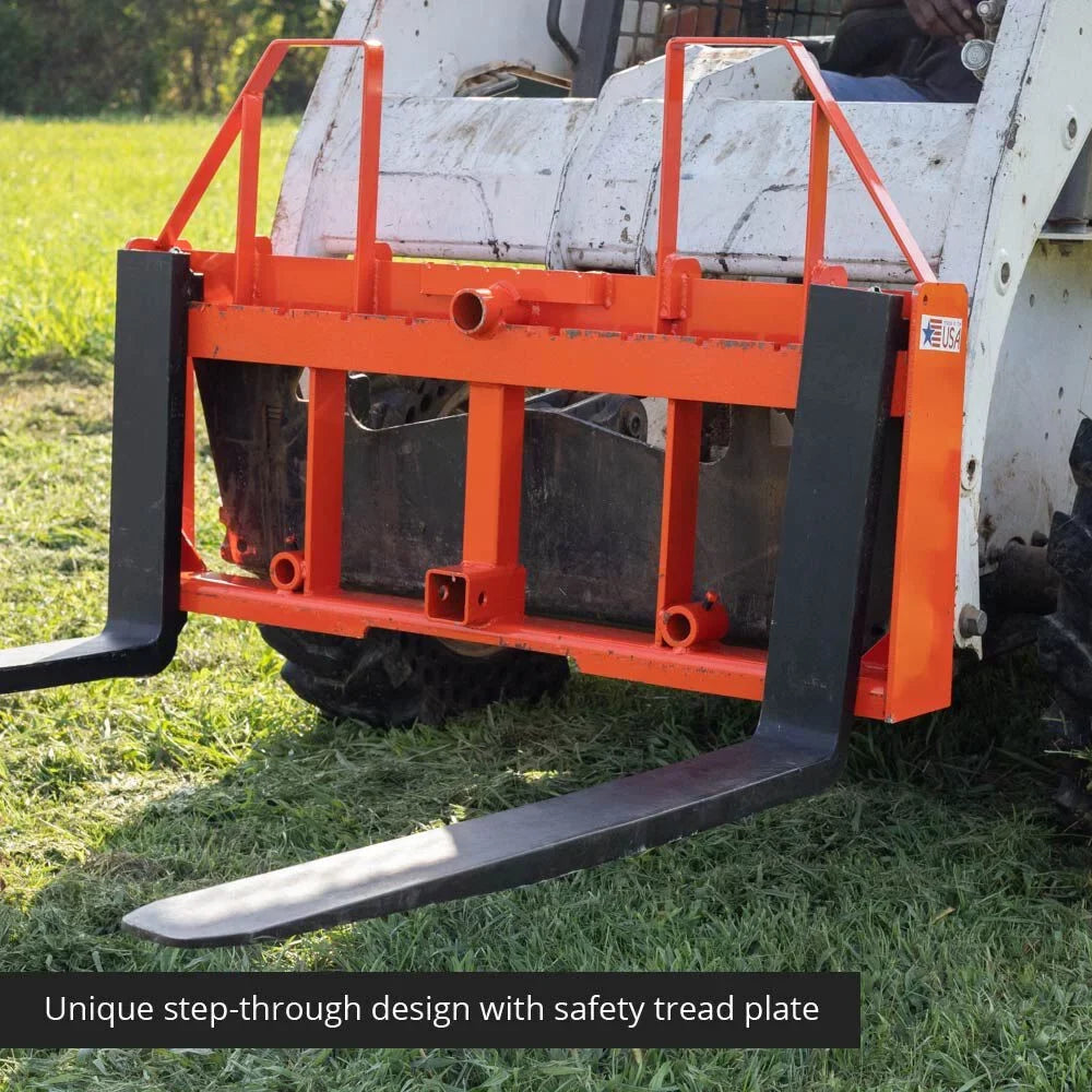 Titan Attachments UA USA Made Orange Step-Through Pallet Fork Frame Attachment, 48in Fork Blades, Rated 4,000 LB, Quick Tach Mounting