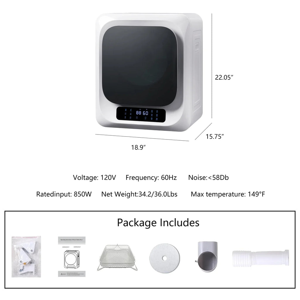 Efficient and Portable Mini Cloth Dryer Machine - FCC Certified for Home/Apartment/Dorms - Lightweight with Compact White Body and Black Square Door - Electric Control Panel with PTC Heat