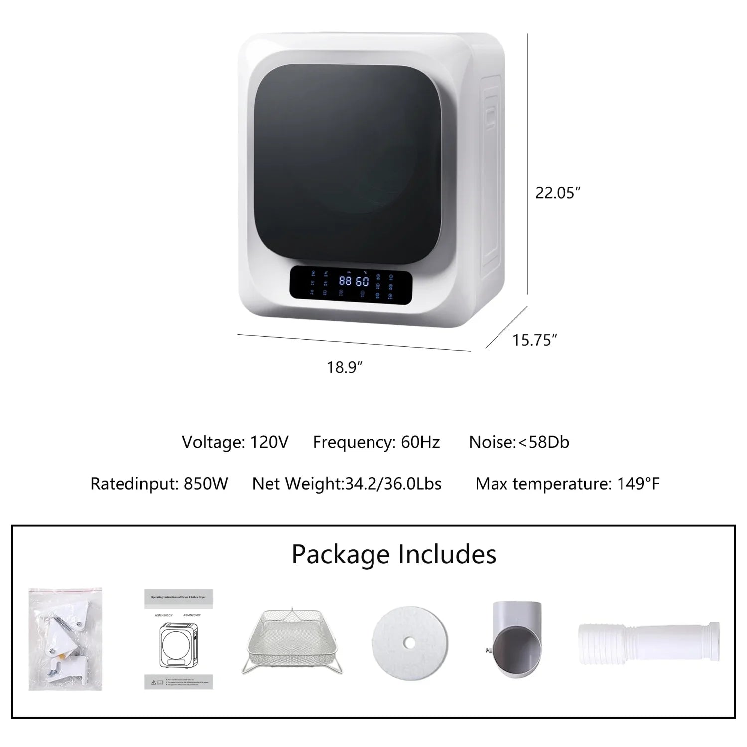 Efficient and Portable Mini Cloth Dryer Machine - FCC Certified for Home/Apartment/Dorms - Lightweight with Compact White Body and Black Square Door - Electric Control Panel with PTC Heat