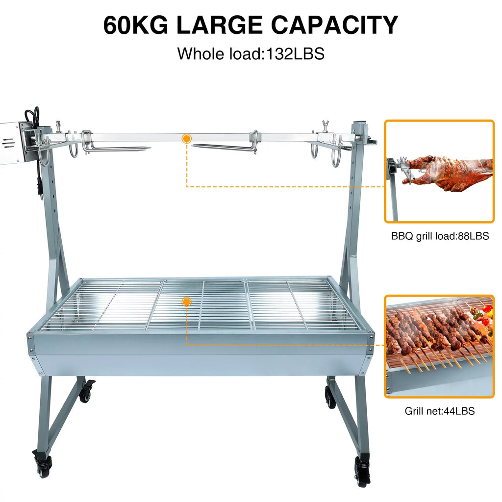 Rocita Rotisserie Grill Roaster, 132lbs Charcoal Grill Outdoor BBQ Grill Pig Lamb Spit Roaster with 25W Motor and Hand Crank