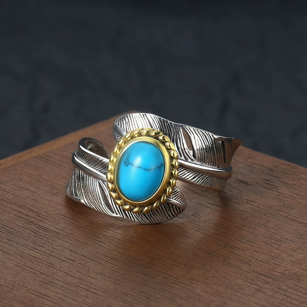 Two-Tone Vintage Feather Turquoise Open Adjustable Ring For Men Women, Copper Oxidized Silver Gold Bezel Western Tribal Boho Stackable Jewelry Gift
