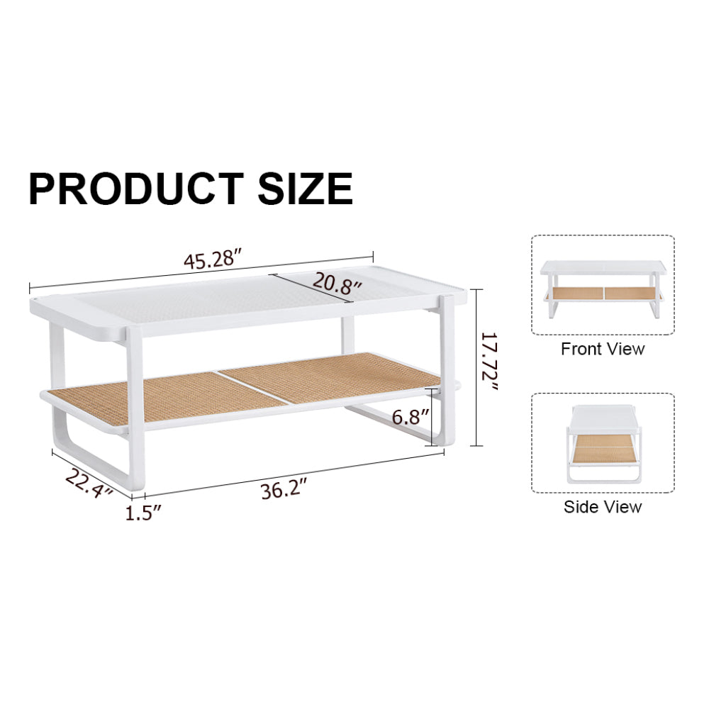 Glass Top, Imitation Rattan Side Table. Modern Minimalist White Double-walled Solid Wood Coffee Table. Rectangular Tables for Living Rooms, Dining Rooms and Bedrooms