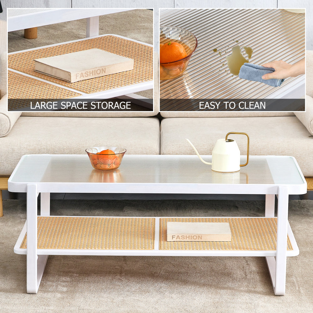 Glass Top, Imitation Rattan Side Table. Modern Minimalist White Double-walled Solid Wood Coffee Table. Rectangular Tables for Living Rooms, Dining Rooms and Bedrooms