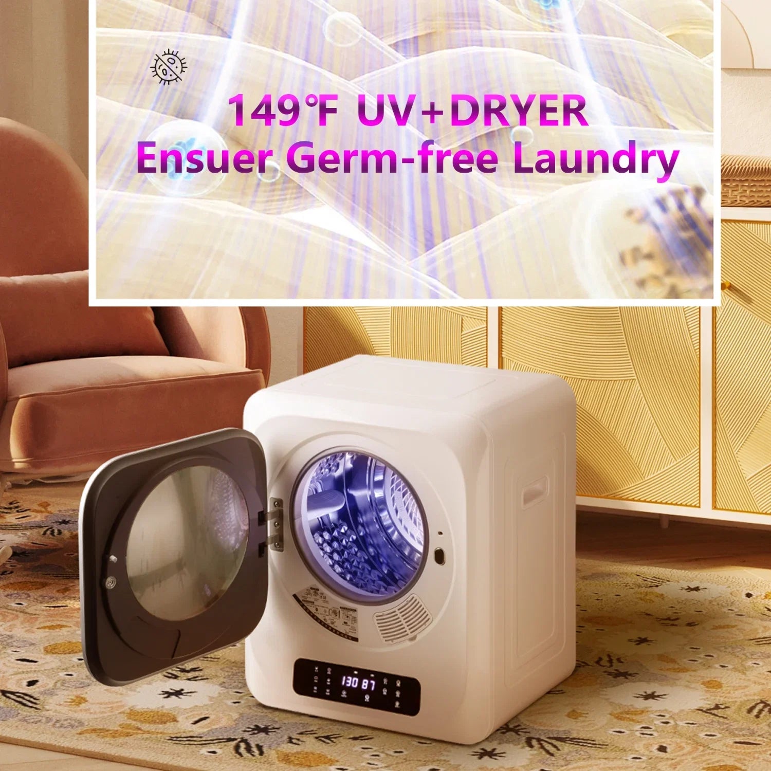 Efficient and Portable Mini Cloth Dryer Machine - FCC Certified for Home/Apartment/Dorms - Lightweight with Compact White Body and Black Square Door - Electric Control Panel with PTC Heat